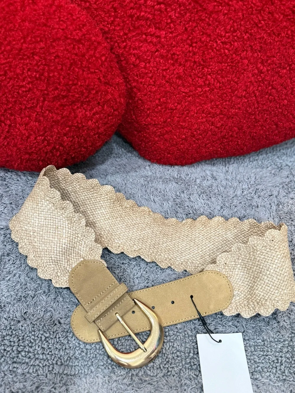 NWT Zara Wide Stretch Woven Belt Gold Buckle Beige Size 85